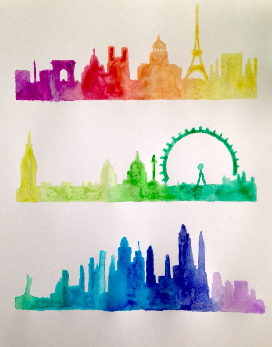 892x1136 Paris, London, And New York City Skyline Watercolor Silhouette - New York Skyline Silhouette Painting
