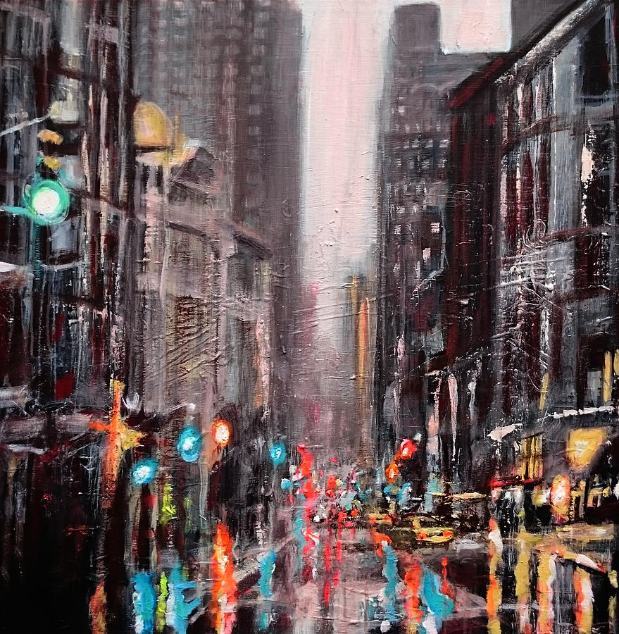 879x900 New York Dusk Rain Painting By Paul Mitchell - New York Street Painting