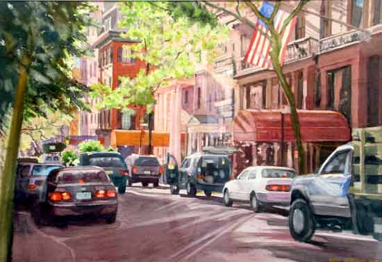 550x377 Ruth Newquist's Watercolor Cityscape, 20th Street, A Painting - New York Street Painting