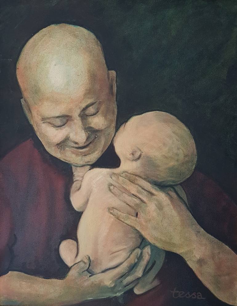 770x992 Saatchi Art Father With Newborn Baby Painting By Tessa Thonett - Newborn Painting