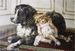 300x202 Handmade Oil Painting Repro Victorian Girl Newfoundland Dog - Newfoundland Dog Painting