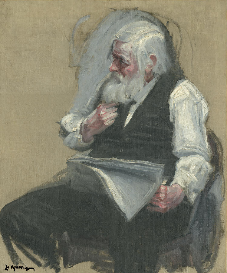 750x900 Old Man Reading Newspaper Painting By Lu Kimmel - Newspaper Painting