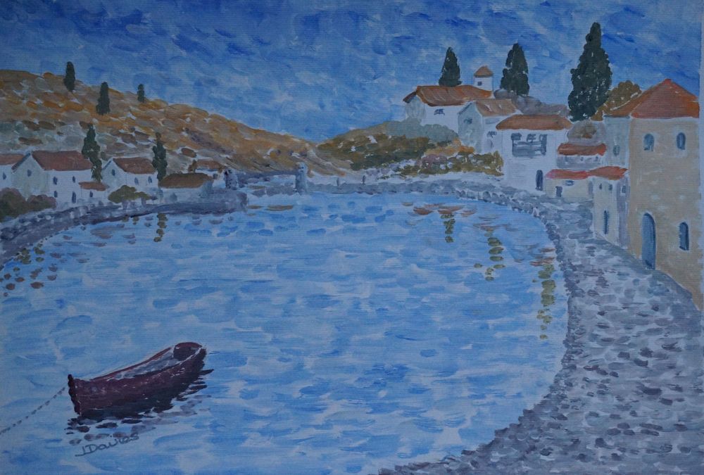 1000x675 Peaceful Harbour, Buildings Sea, Boat Original Art By Artist Nieve - Nieve Painting