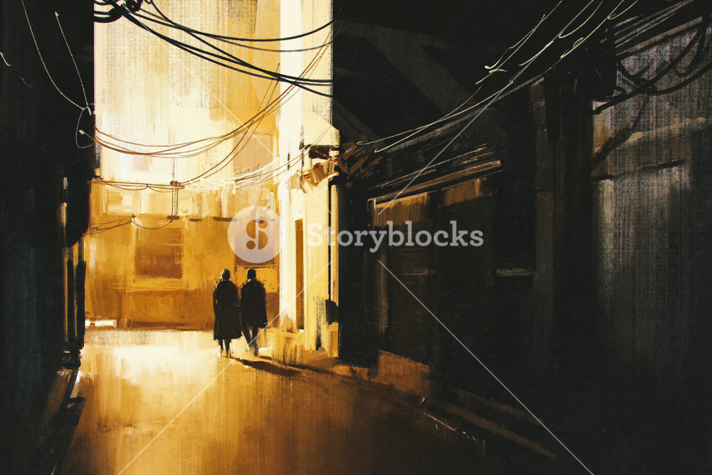 1000x667 Couple Walking In Alley - Night Alley Painting
