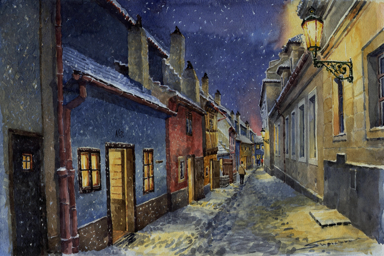 750x500 Landscape Watercolor Prints Canvas Painting Giant Posters - Night Alley Painting