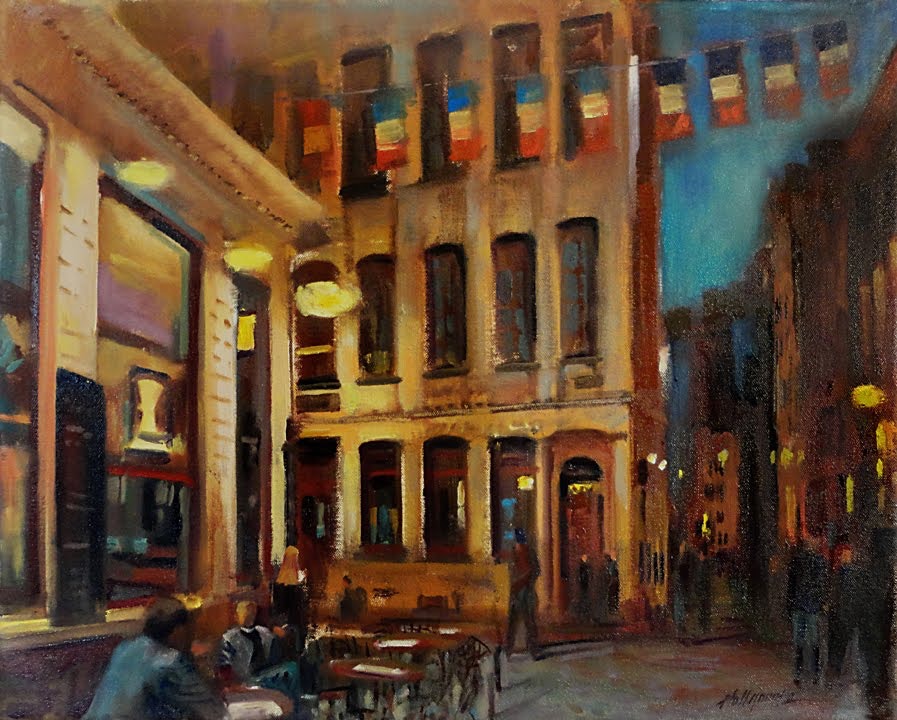 897x720 Brussels, Belgium Night Cafe 16 X20 In. Oil On Canvas By Artist - Night Cafe Painting