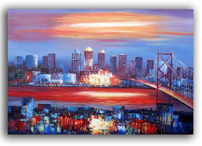 650x472 City By Night - Night City Skyline Painting