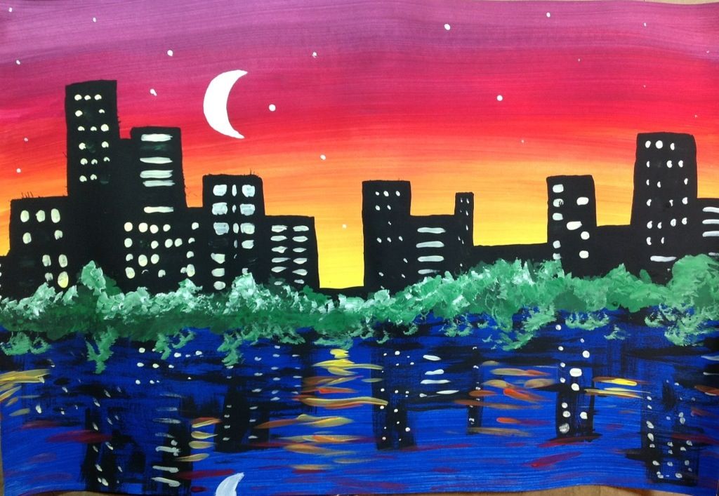 1024x707 Night City Skyline Painting Lesson Night City, City - Night City Skyline Painting
