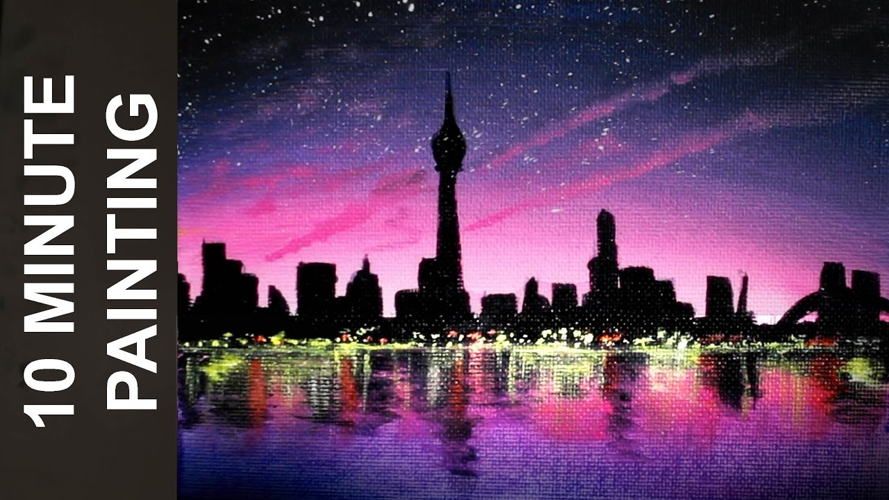1280x720 Painting A City - Night City Skyline Painting