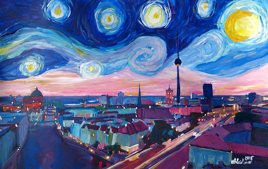 900x567 Starry Night In Berlin - Night City Skyline Painting
