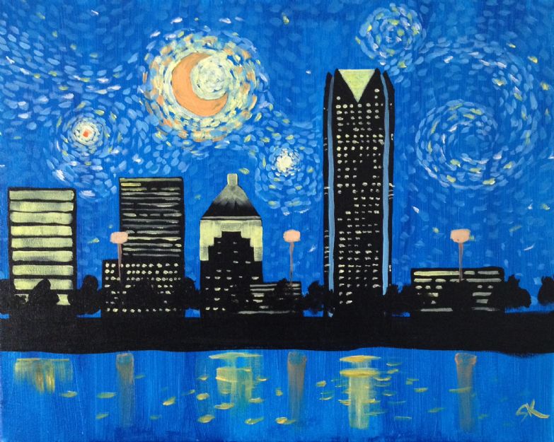 783x625 Starry Night Okc Social Drinking Amp Painting In Oklahoma City - Night City Skyline Painting