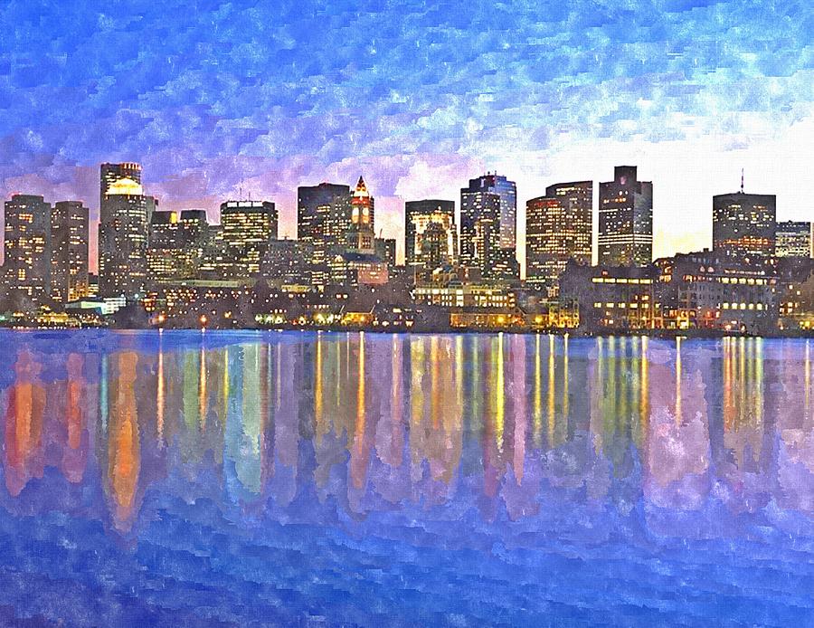 900x694 Boston Skyline By Night Painting By Rachel Niedermayer - Night City Skyline Painting