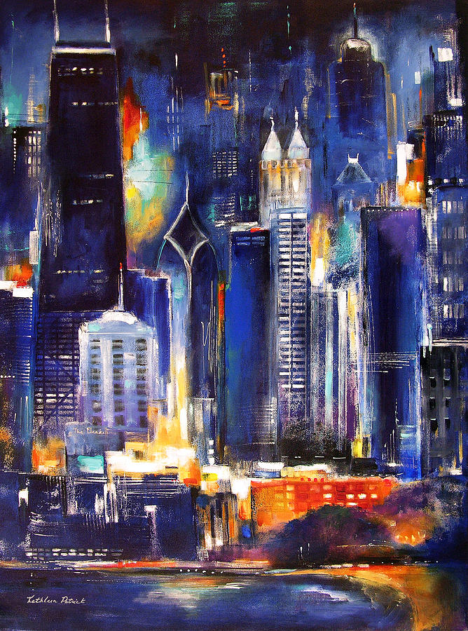 668x900 Chicago Skyline At Night Painting By Kathleen Patrick - Night City Skyline Painting