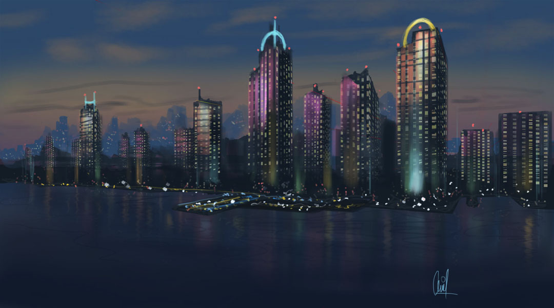 1080x600 Cityscape - Night Cityscape Painting