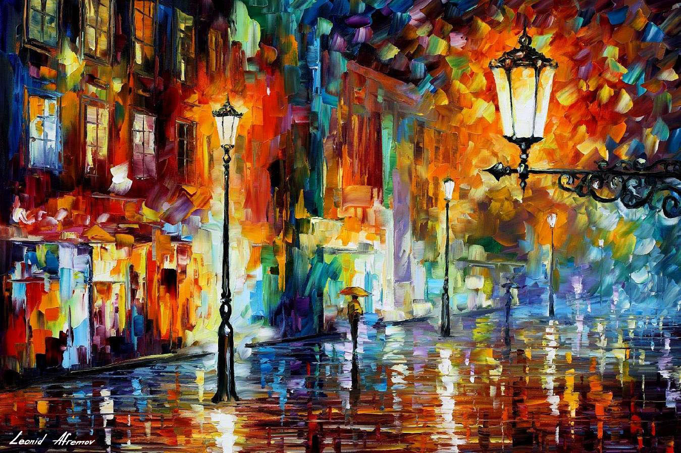 1349x897 Night Lights Palette Knife Oil Painting On Canvas By Leonid - Night Cityscape Painting