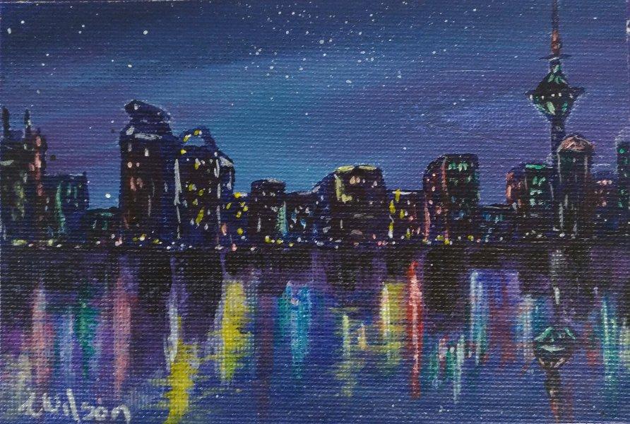 892x600 Night Lights In The City. Original Hand Painted Greeting Card - Night Cityscape Painting