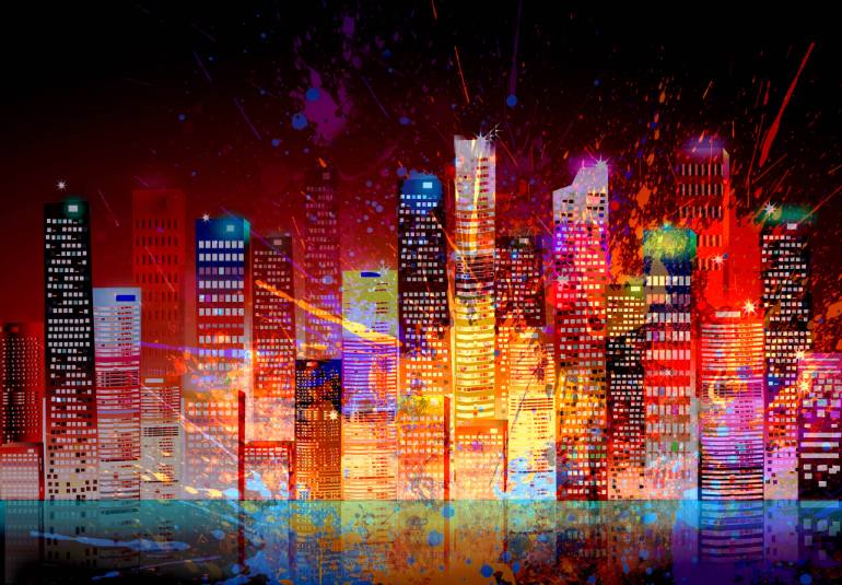 770x535 Saatchi Art Splash Night Modern City Acrylic Amp Digital Painting - Night Cityscape Painting