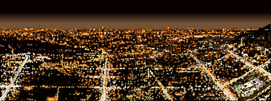 900x337 City At Night Painting By Shabnam Nassir - Night Cityscape Painting