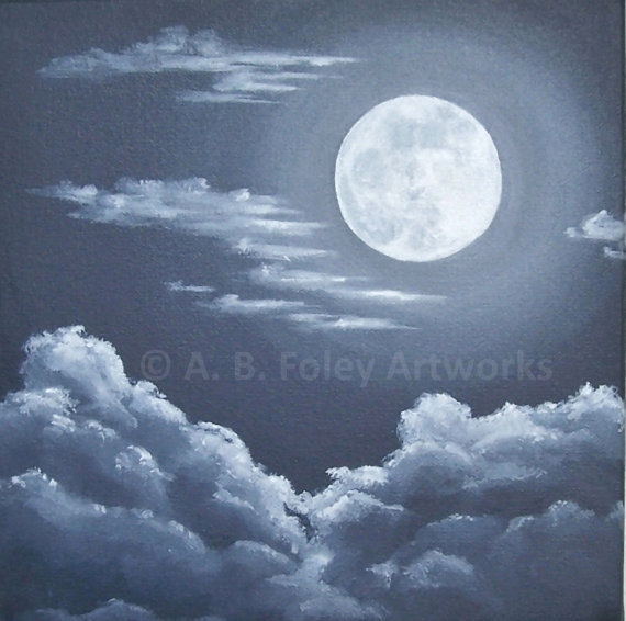 570x566 Night Sky Painting Original Acrylic Painting Of Full Moon - Night Clouds Painting