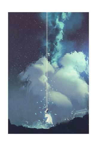 325x488 The Woman On A Swing Under The Night Sky With Stars And Clouds - Night Clouds Painting