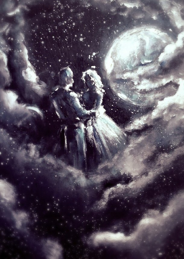 610x860 Art, Clouds, Couple, Love, Moon, Night, Painting - Night Clouds Painting