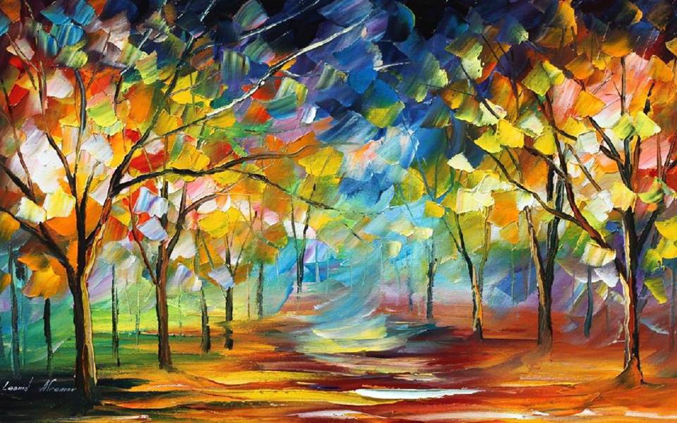 960x600 Night Forest Palette Knife Oil Painting On Canvas By Leonid - Night Forest Painting