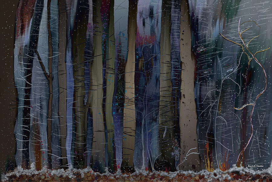 900x601 Snowing In The Ice Forest At Night Painting By Angela Stanton - Night Forest Painting
