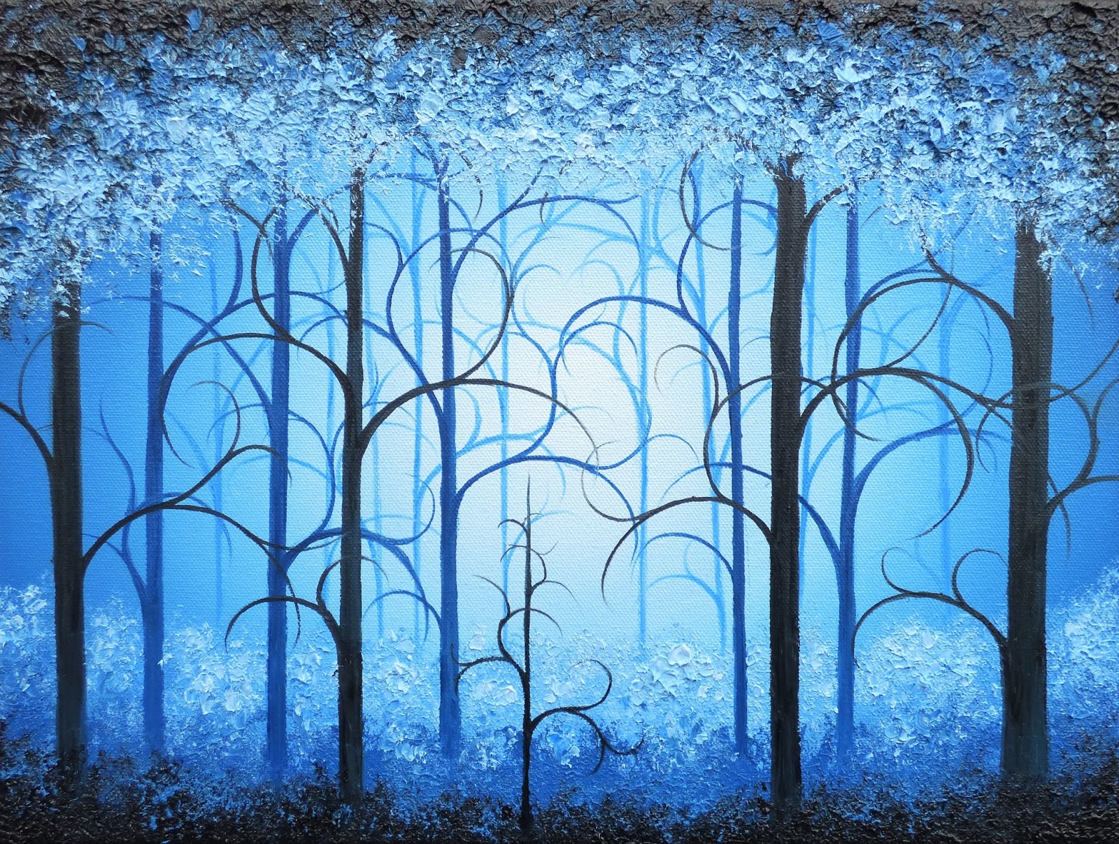 1600x1206 Blue Forest Painting, Original Oil Painting On Canvas, Whimsical - Night Forest Painting