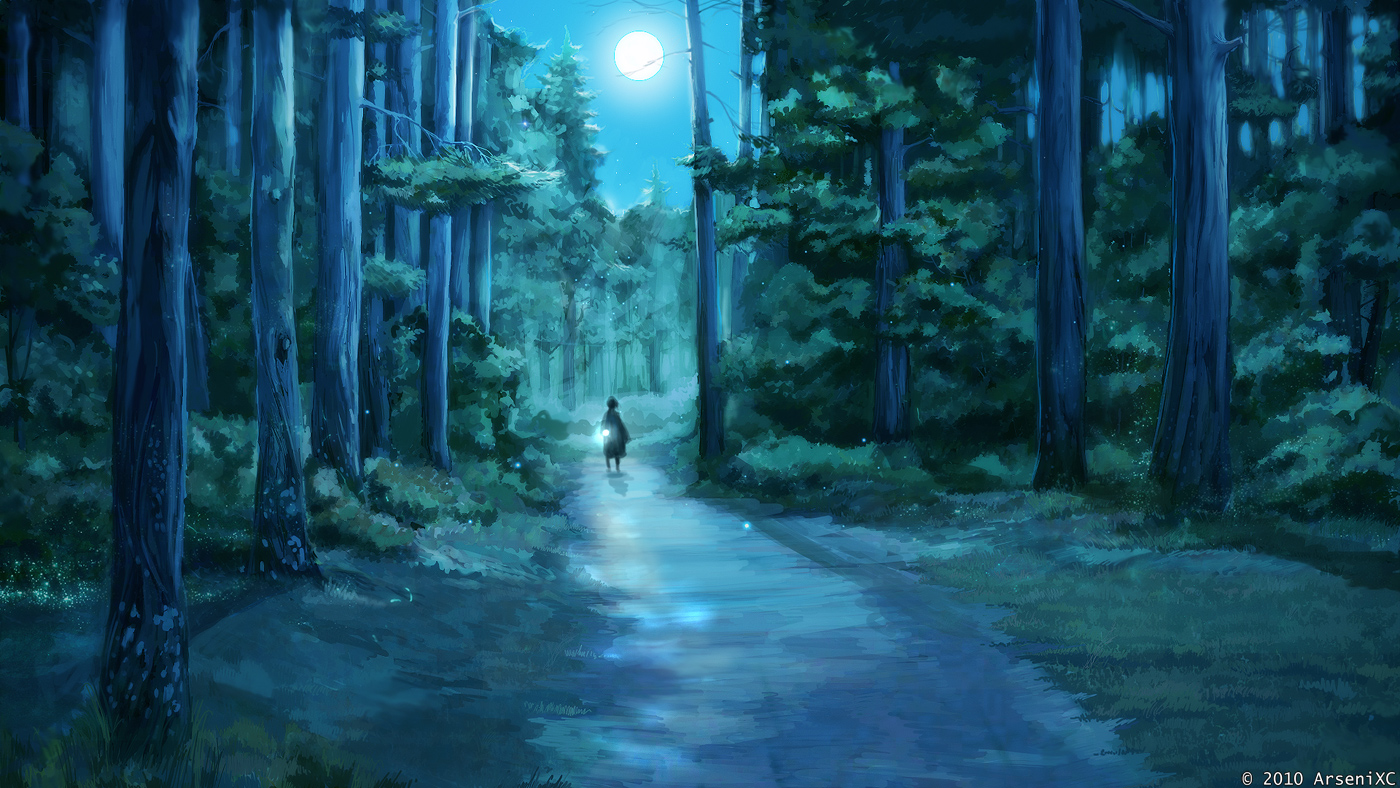 1400x788 Glare In The Night Forest By Arsenixc - Night Forest Painting