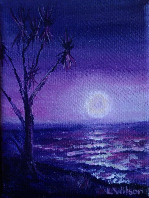 600x796 Purple Night Moon, Small Acrylic Painting. Original Artwork - Night Moon Painting