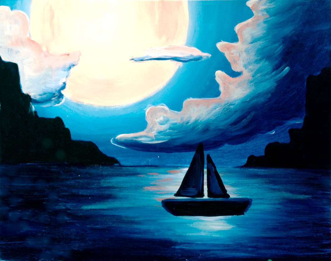 1066x840 Sailing Under The Night Moon - Night Moon Painting