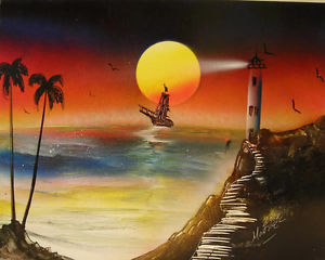 300x240 Seascape Lighthouse Acrylic Painting Ocean Night Moon Moonlit - Night Moon Painting