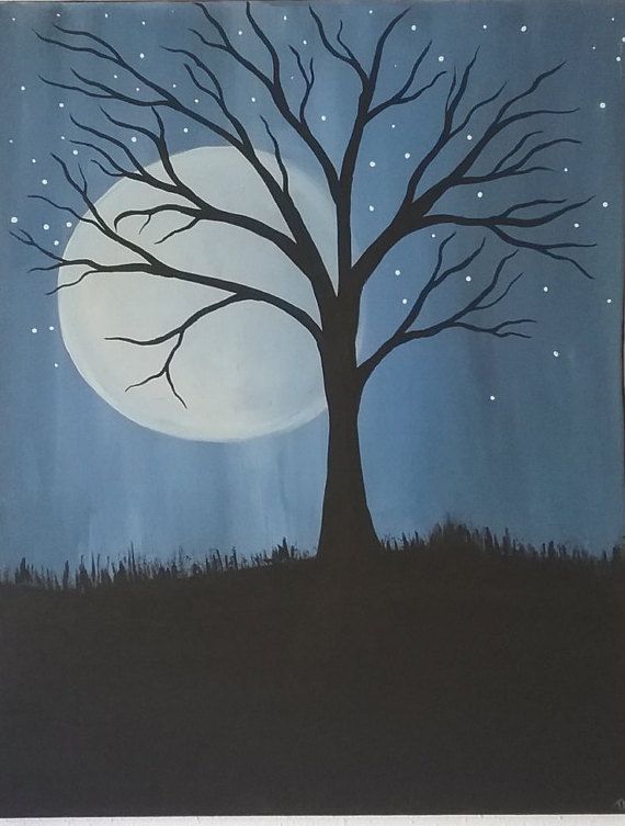 570x753 Tree Over Full Moon Original Painting Direct Fromrtist One - Night Moon Painting