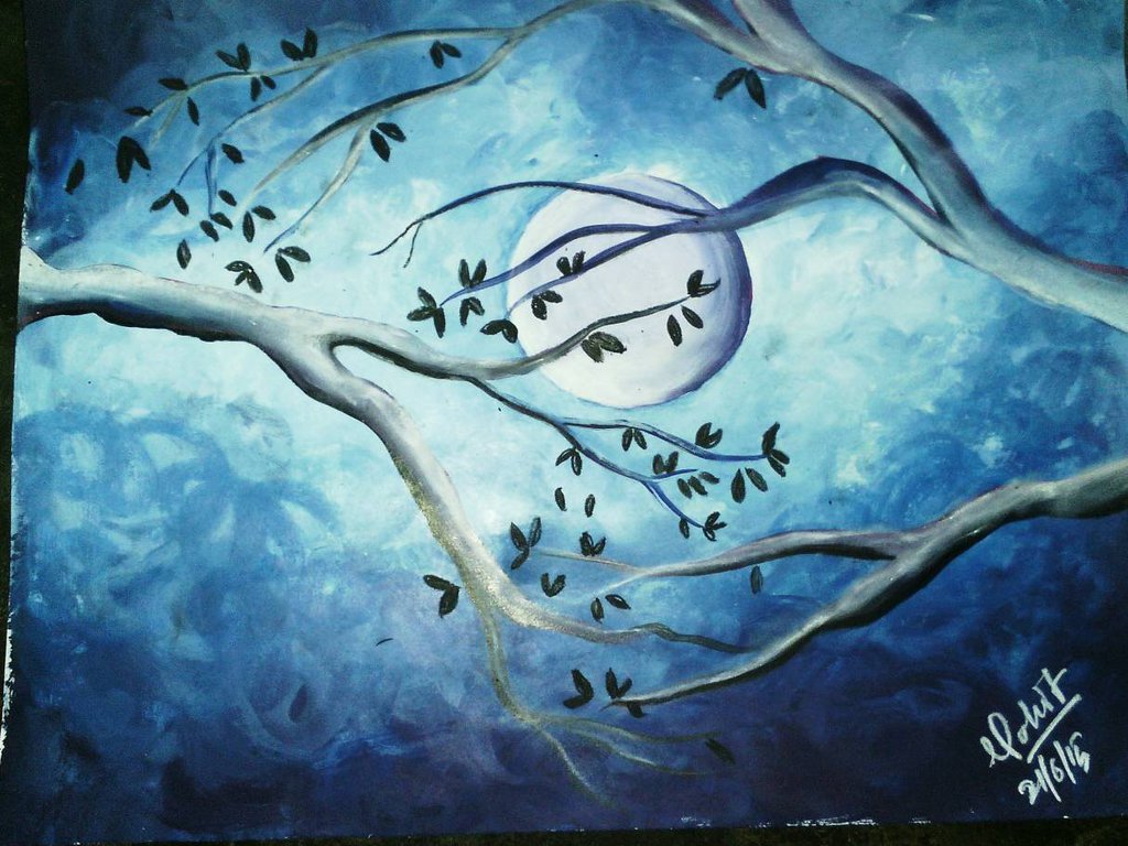 1024x768 Painting Of Moon Night By Mohitartist - Night Moon Painting