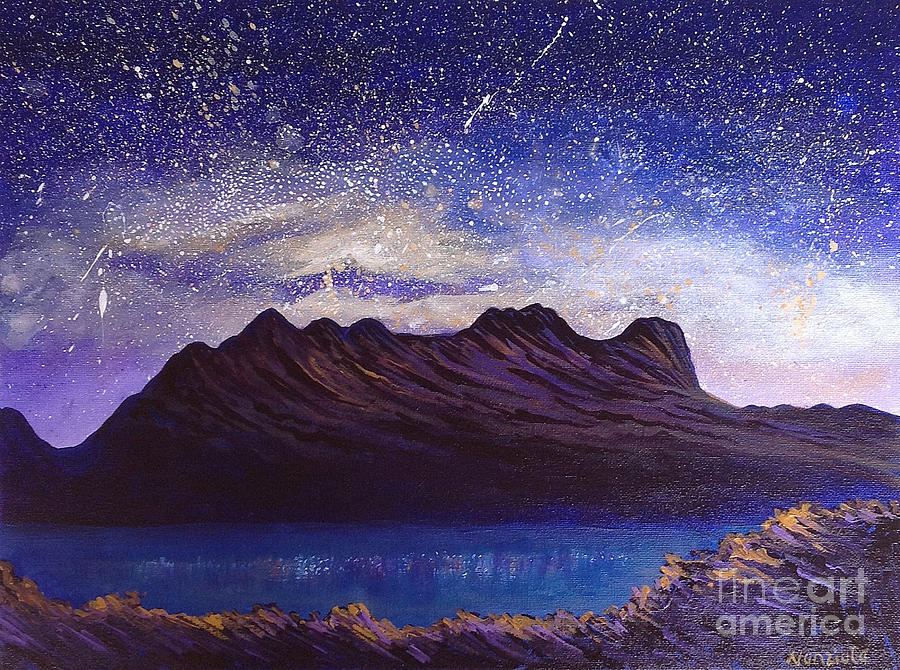 900x670 Starry Night Over Mountain Painting By Nancy Mcnamer - Night Mountain Painting