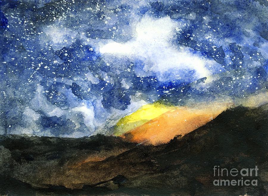 900x661 Starry Night With Fire In Santa Monica Mountains Painting By Randy - Night Mountain Painting