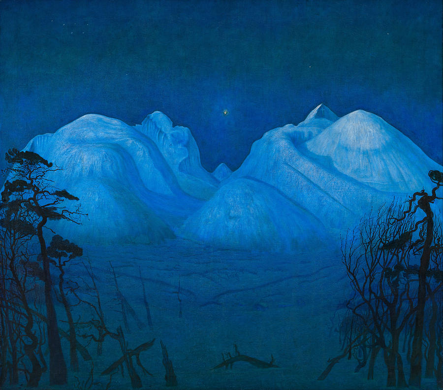 900x792 Winter Night In The Mountains Painting By Harald Sohlberg - Night Mountain Painting