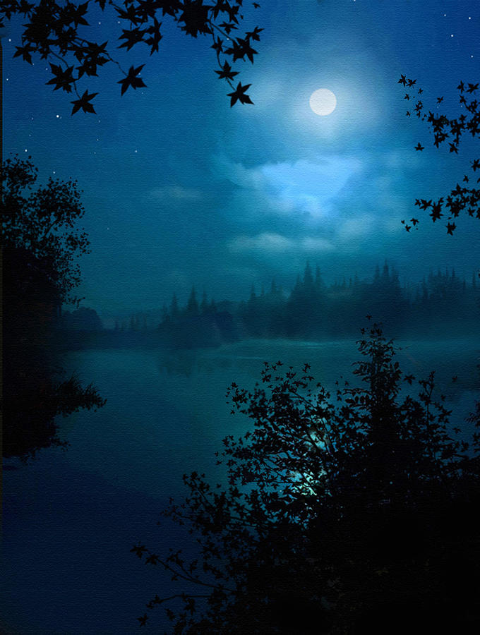 680x900 Night Lake Painting By Robert Foster - Night Scene Painting