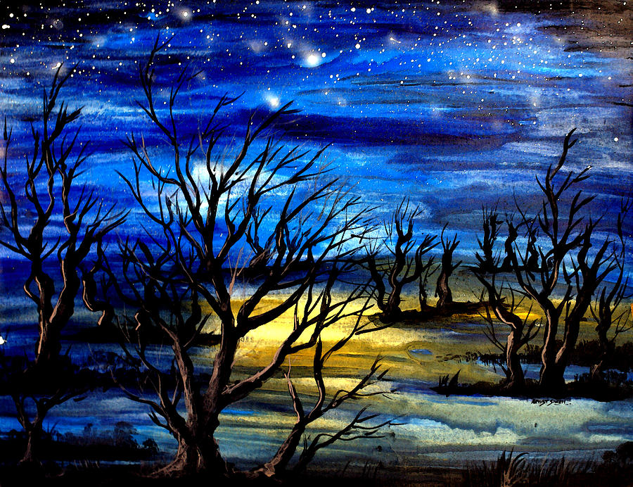900x692 Night Scene Trees Painting By Real Artist Singh - Night Scene Painting
