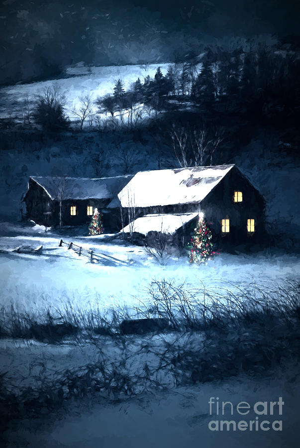 603x900 Snow Scene Of A Farmhouse At Night Digital Painting Photograph By - Night Scene Painting