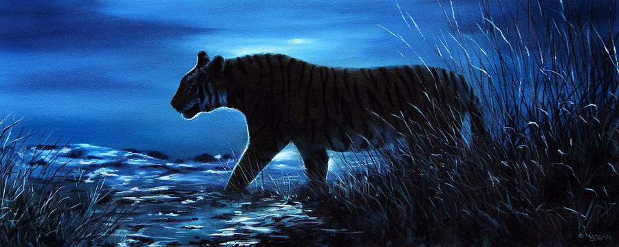 900x360 Tiger Painting Print Night Scene Painting By Jason Morgan - Night Scene Painting