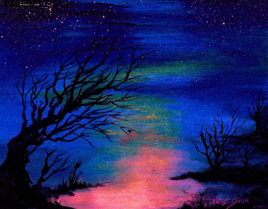 900x704 Trees At Night Painting By Real Artist Singh - Night Scene Painting