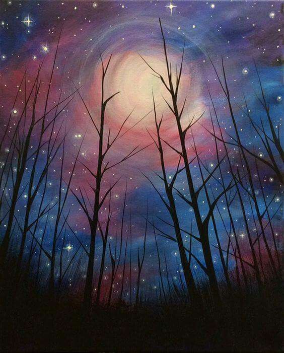 564x701 Swirly Moon In A Starry Sky Beginner Painting Idea With Tree - Night Sky Canvas Painting