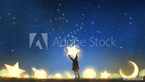 500x282 Beautiful Scenery Showing The Young Boy Standing Among Glowing - Night Sky Digital Painting