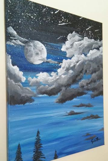 357x533 Night Sky Full Moon Shooting Star Acrylic On Canvas Painting - Night Sky Moon Painting