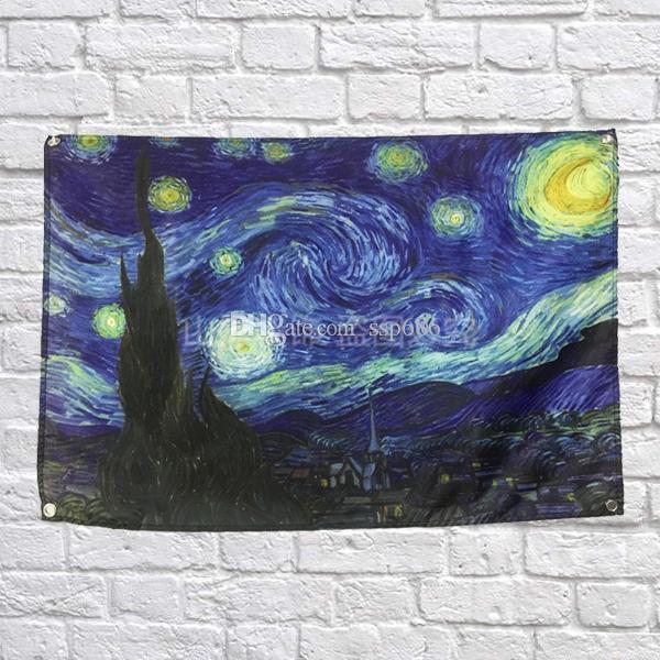 600x600 2018 Starry Sky Flag Banner Famous Art Painting Home Decoration - Night Sky Painting Famous