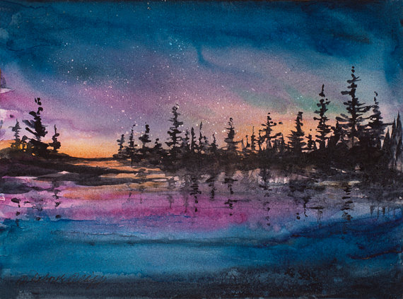 570x423 Aurora Watercolor Print Aurora Borealis Night Sky Stars - Night Sky Watercolor Painting
