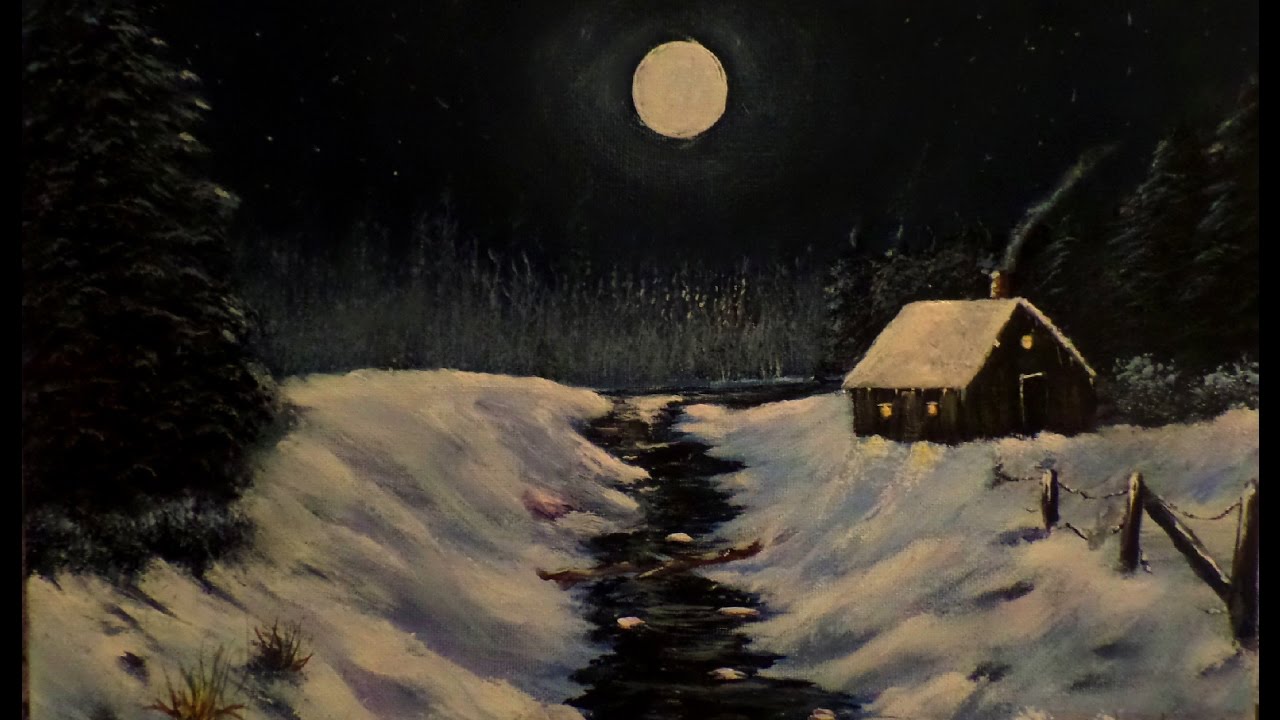 1280x720 How To Paint A Night Time Winter Cabin In The Woods Scene Lesson 3 - Night Time Painting