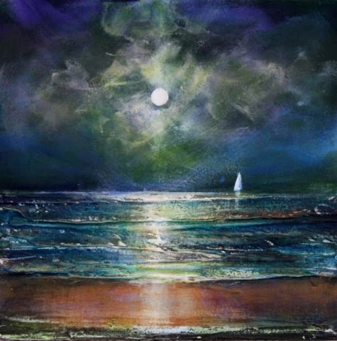 475x481 June 13 Nighttime Original Painting Textured Moon Beach 6x6 - Night Time Painting