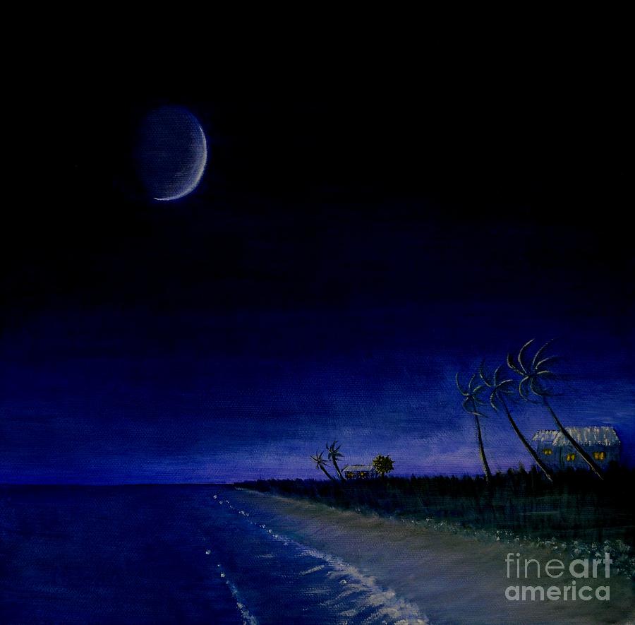 900x885 Night Time At The Beach 1 Painting By Mary Deal - Night Time Painting